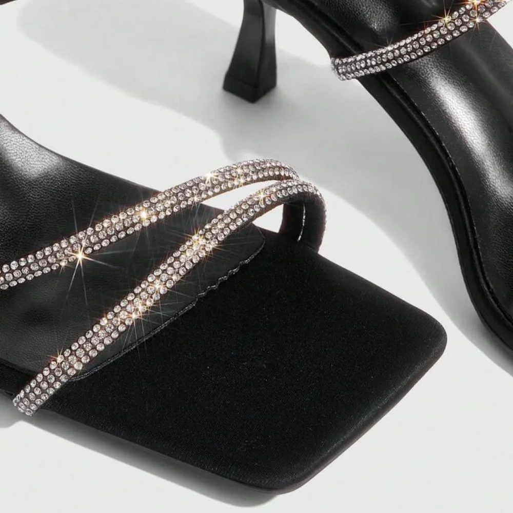 Rhinestone Black Strappy Heels (2.6inch Heel) - Picture 5 of 8